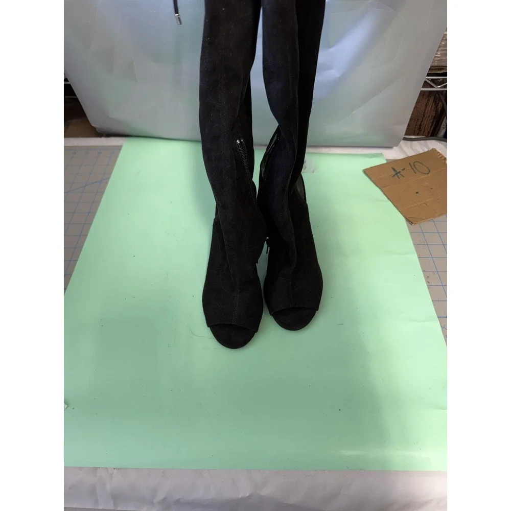 Guess Black Suede-Like Peep Toe Over-the-Knee Boots Women's Size 7M Lace-Up Heel